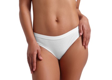 Photo of Woman in underwear with smooth skin after epilation procedure on white background, closeup