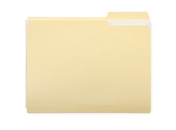 Photo of One paper file folder isolated on white, top view
