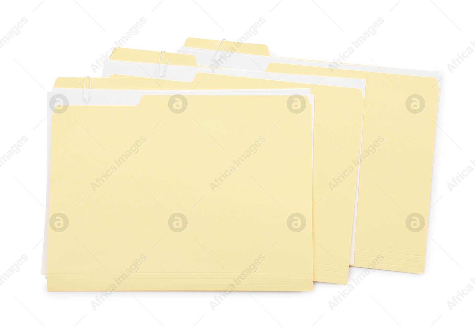 Three file folders with papers isolated on white, top view Photo of Three file folders with papers isolated on white, top view