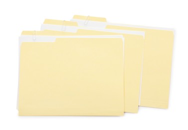 Photo of Three file folders with papers isolated on white, top view