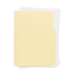Photo of One paper file folder isolated on white, top view