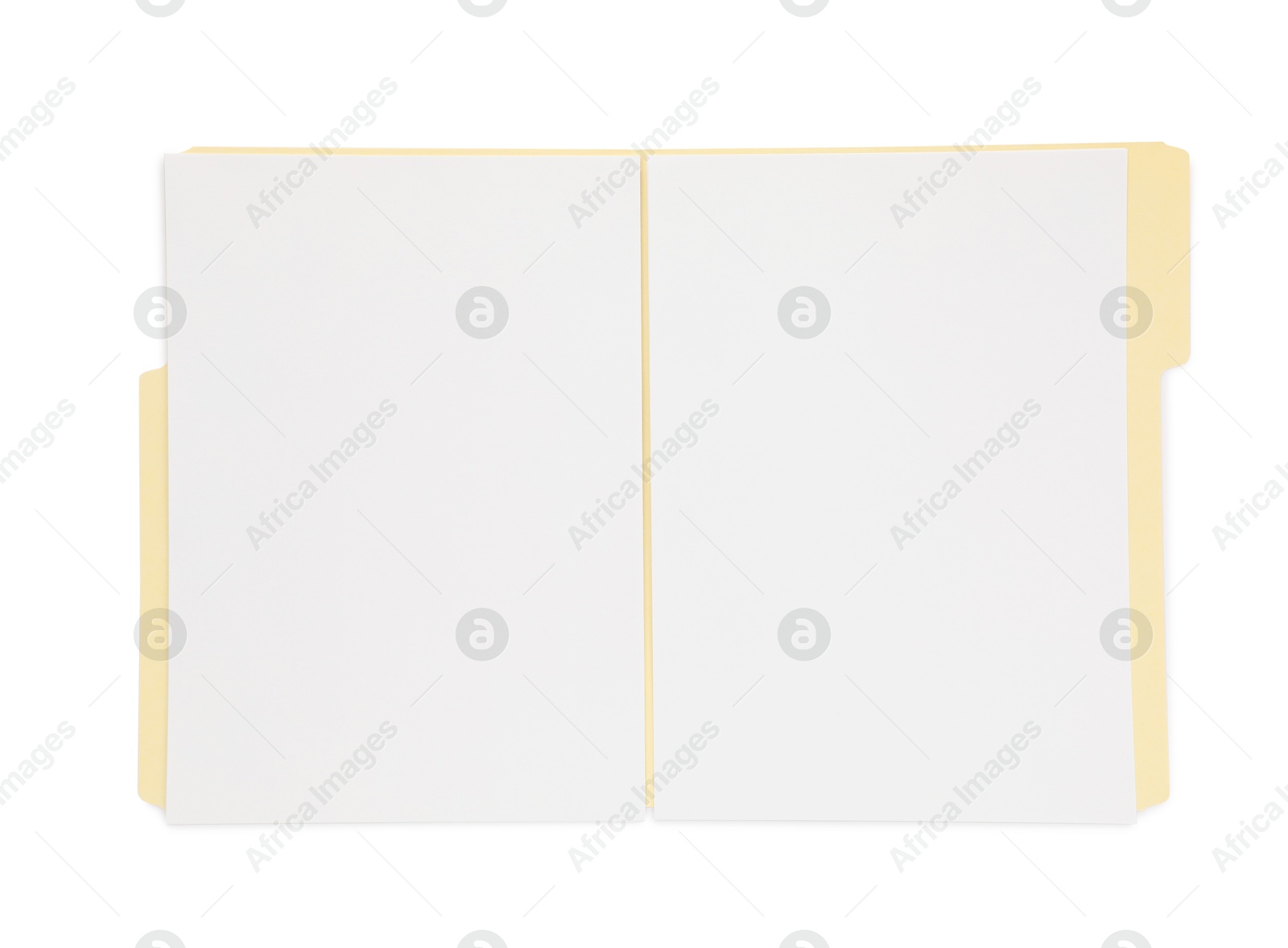 Open paper file folder with blank sheets isolated on white, top view Photo of Open paper file folder with blank sheets isolated on white, top view