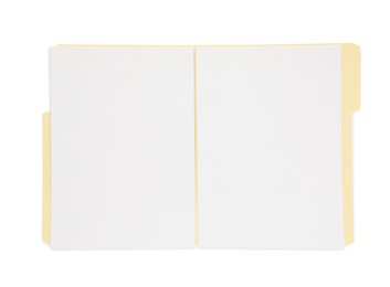 Photo of Open paper file folder with blank sheets isolated on white, top view
