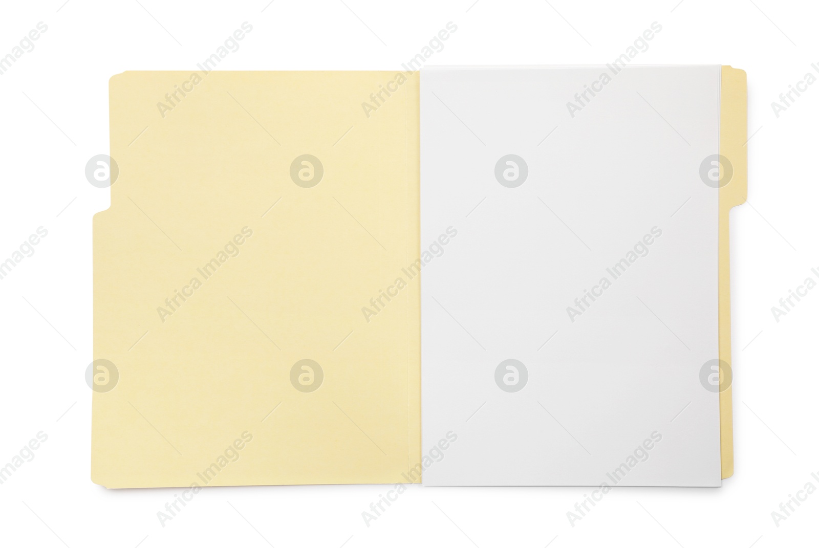 Open paper file folder with blank sheet isolated on white, top view Photo of Open paper file folder with blank sheet isolated on white, top view