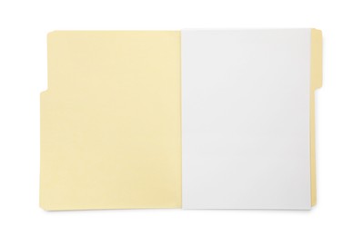 Photo of Open paper file folder with blank sheet isolated on white, top view