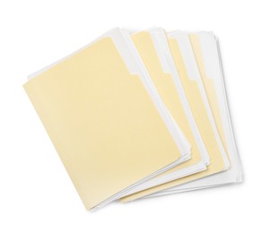 Photo of Many file folders with papers isolated on white, top view