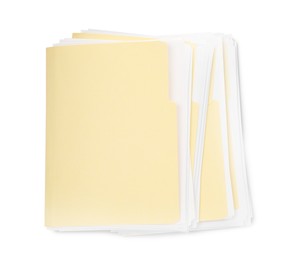 Photo of Many file folders with papers isolated on white, top view