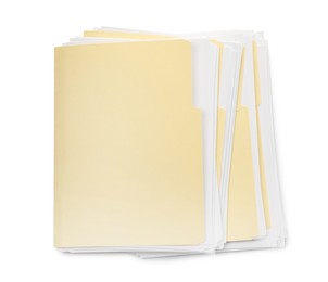 Photo of Many file folders with papers isolated on white, top view