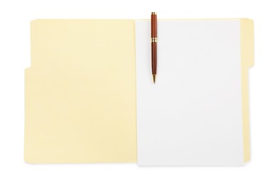 Photo of Open paper file folder with blank sheet and pen isolated on white, top view