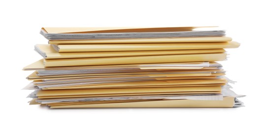 Photo of Stack of file folders with papers isolated on white