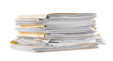 Photo of Stack of file folders with papers isolated on white