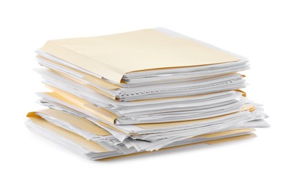 Photo of Stack of file folders with papers isolated on white