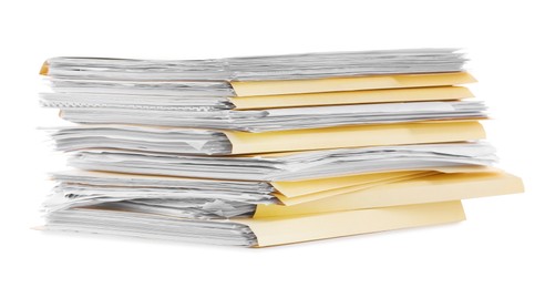 Photo of Stack of file folders with papers isolated on white