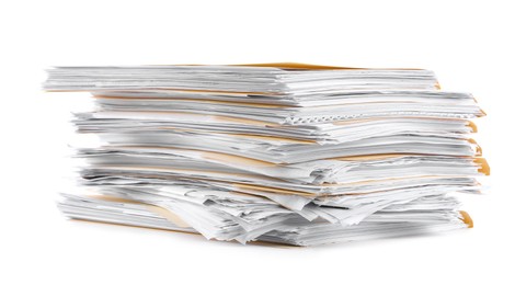 Photo of Stack of file folders with papers isolated on white