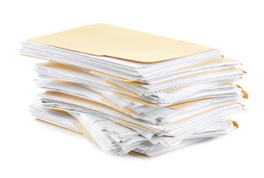 Photo of Stack of file folders with papers isolated on white