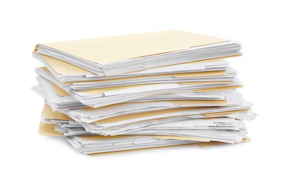 Photo of Stack of file folders with papers isolated on white