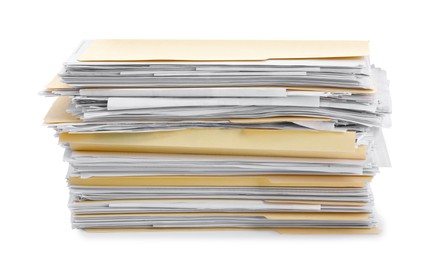 Photo of Stack of file folders with papers isolated on white