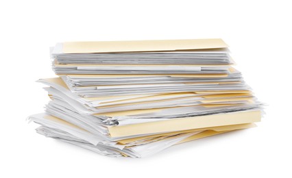 Photo of Stack of file folders with papers isolated on white