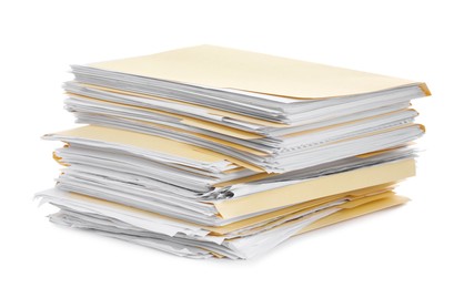 Photo of Stack of file folders with papers isolated on white