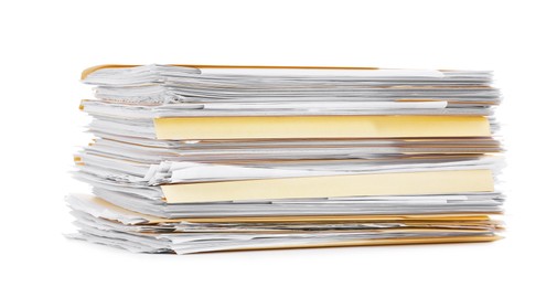 Photo of Stack of file folders with papers isolated on white