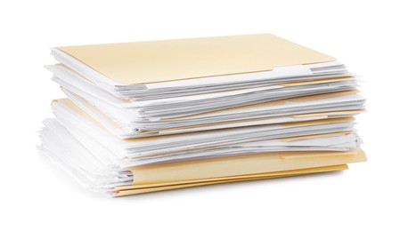 Photo of Stack of file folders with papers isolated on white