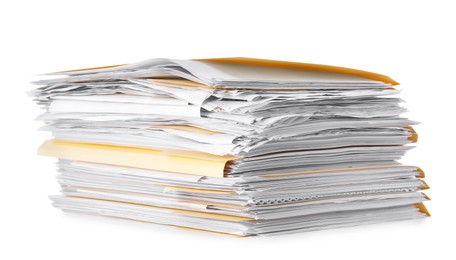 Photo of Stack of file folders with papers isolated on white