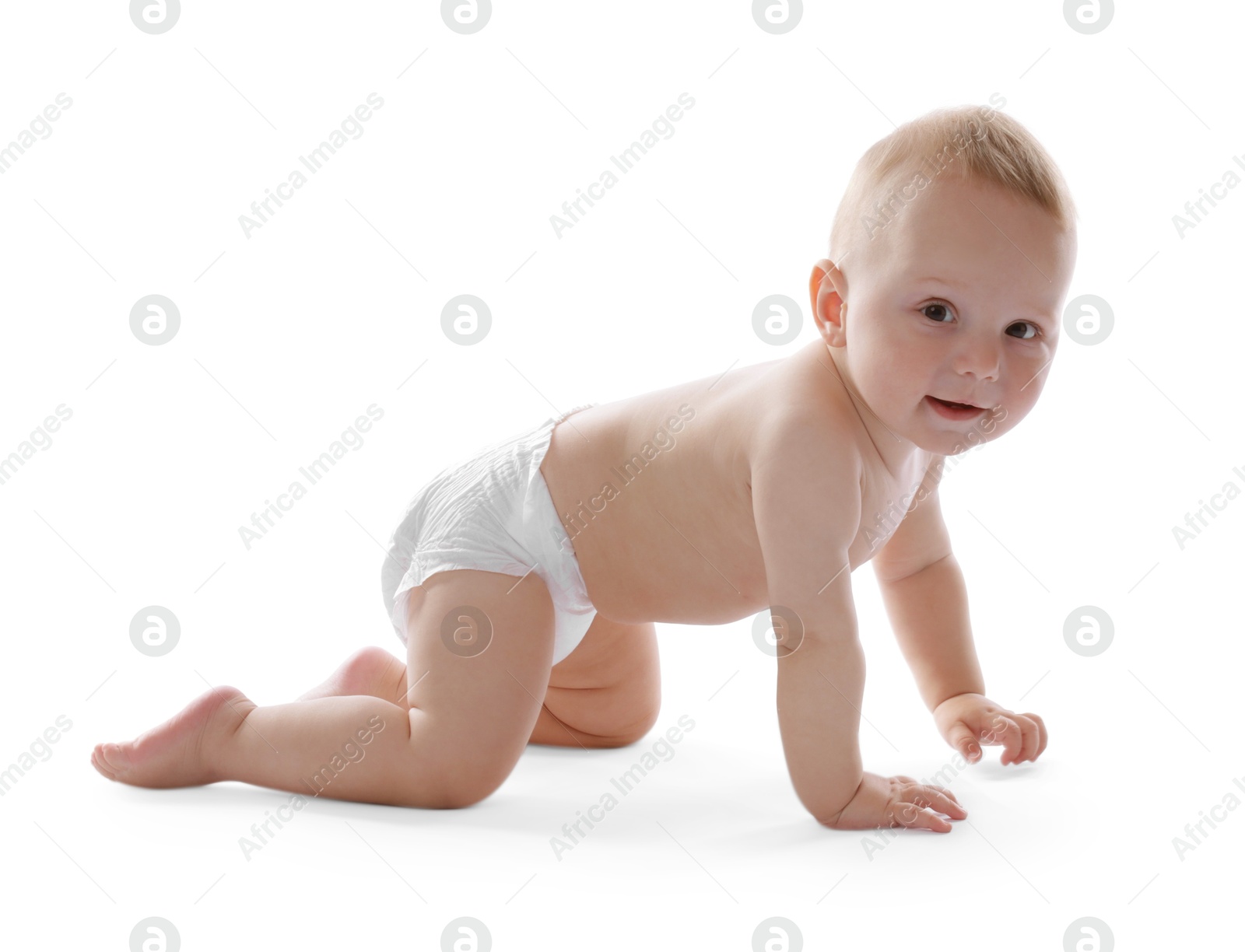 Cute little baby crawling on white background Photo of Cute little baby crawling on white background
