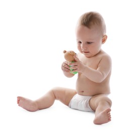 Photo of Cute little baby with toy on white background