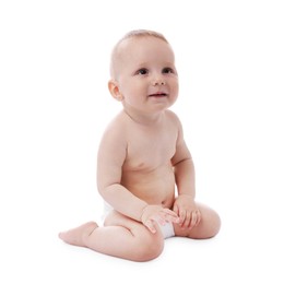 Photo of Portrait of cute little baby on white background
