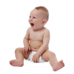 Photo of Cute little baby sitting on white background