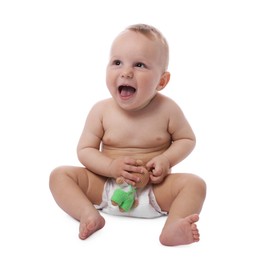 Photo of Cute little baby with toy on white background