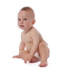 Photo of Cute little baby sitting on white background