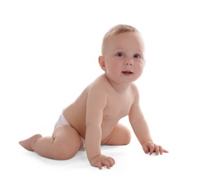 Photo of Portrait of cute little baby on white background