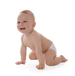Photo of Portrait of cute little baby on white background