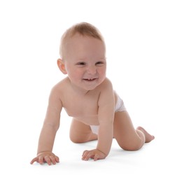 Photo of Cute little baby crawling on white background