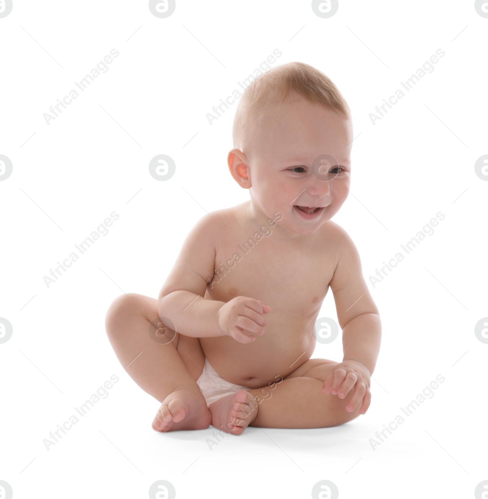 Cute little baby sitting on white background Photo of Cute little baby sitting on white background