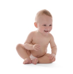 Photo of Cute little baby sitting on white background