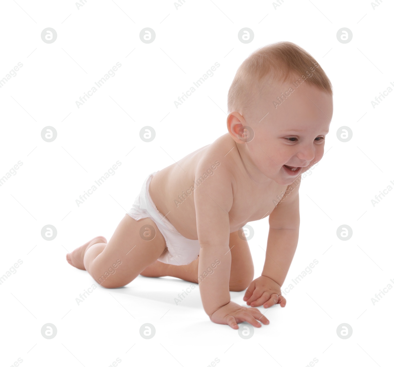 Cute little baby crawling on white background Photo of Cute little baby crawling on white background