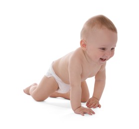Photo of Cute little baby crawling on white background