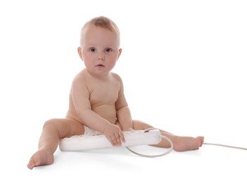 Photo of Cute little baby with extension cord on white background