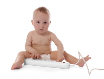 Photo of Cute little baby with extension cord on white background