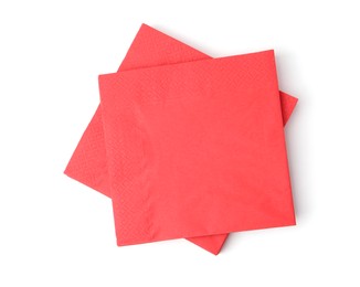 Photo of Many red paper handkerchiefs isolated on white, top view