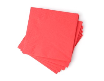 Photo of Many red paper handkerchiefs isolated on white, top view