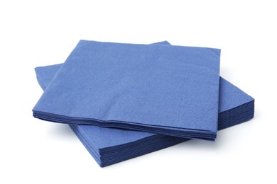 Photo of Many blue paper handkerchiefs isolated on white