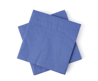 Photo of Many blue paper handkerchiefs isolated on white, top view