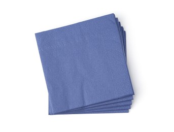 Photo of Many blue paper handkerchiefs isolated on white, top view