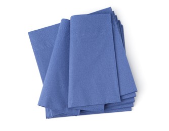 Photo of Many blue paper handkerchiefs isolated on white, top view