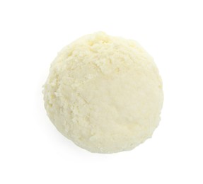 Photo of One scoop of delicious ice cream on white background, top view