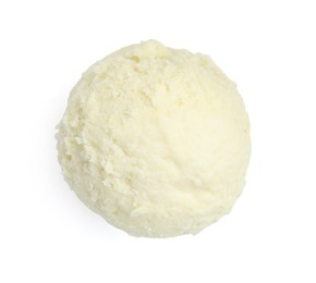 Photo of One scoop of delicious ice cream on white background, top view