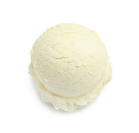 Photo of One scoop of delicious ice cream on white background, above view